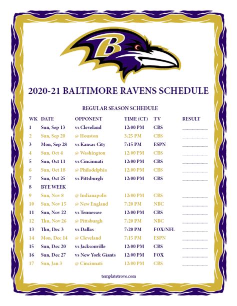 Printable Ravens Schedule 2020